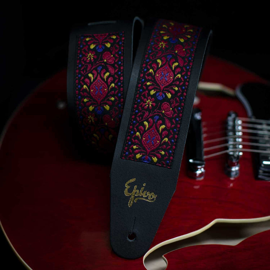 Epivo Carmine Peafowl Leather Guitar Strap