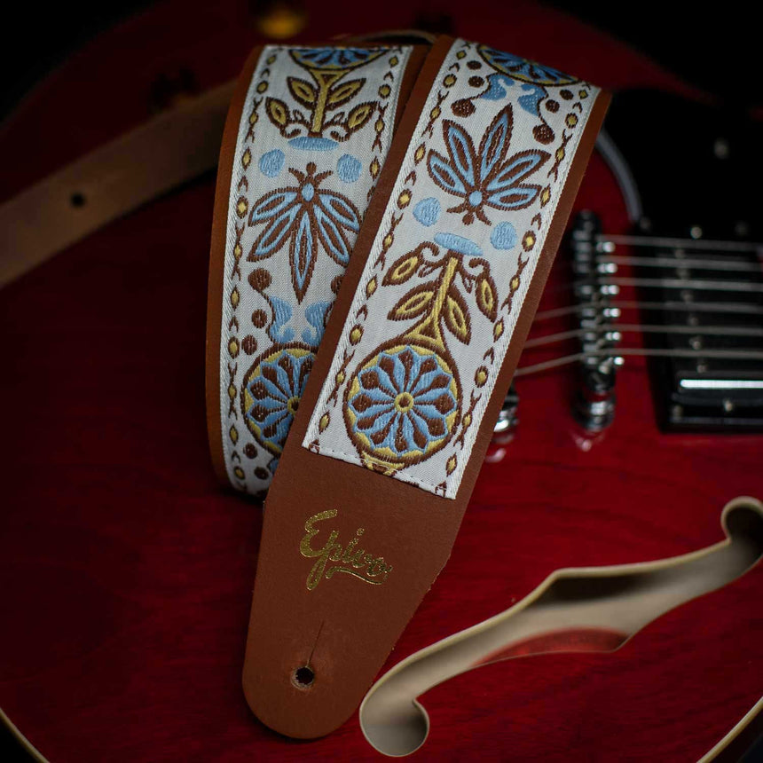 Vintage Embroidered Cotton Guitar Straps with Genuine Leather Ends for  Bass, Electric & Acoustic Guitars, Come with Free Strap Button, 1 Pair  Strap